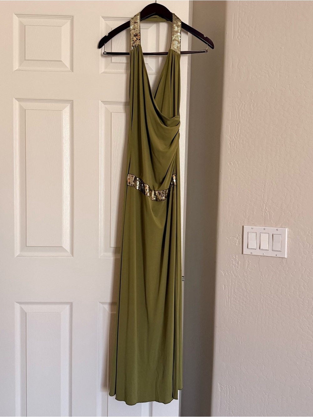 Windsor Y2K Olive Green Sequin Halter Maxi Dress Size XS 2000s